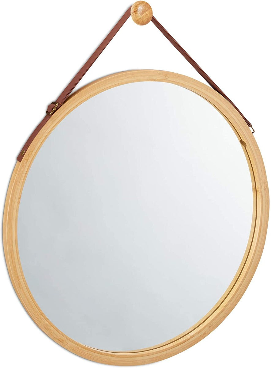 Hanging Round Wall Mirror 45 cm - Solid Bamboo Frame and Adjustable Leather Strap for Bathroom and Bedroom - AULASH