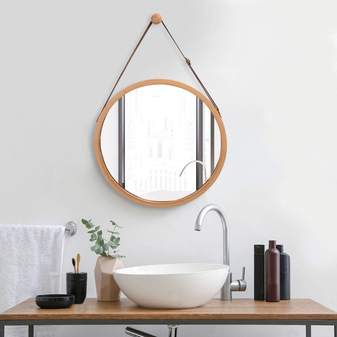 Hanging Round Wall Mirror 45 cm - Solid Bamboo Frame and Adjustable Leather Strap for Bathroom and Bedroom - AULASH