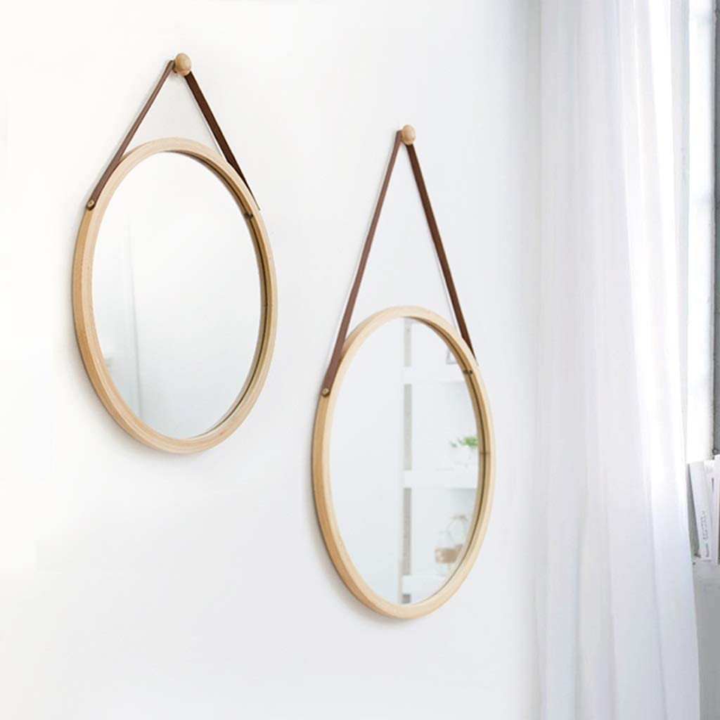 Hanging Round Wall Mirror 45 cm - Solid Bamboo Frame and Adjustable Leather Strap for Bathroom and Bedroom - AULASH