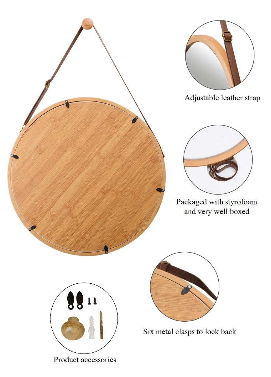 Hanging Round Wall Mirror 45 cm - Solid Bamboo Frame and Adjustable Leather Strap for Bathroom and Bedroom - AULASH