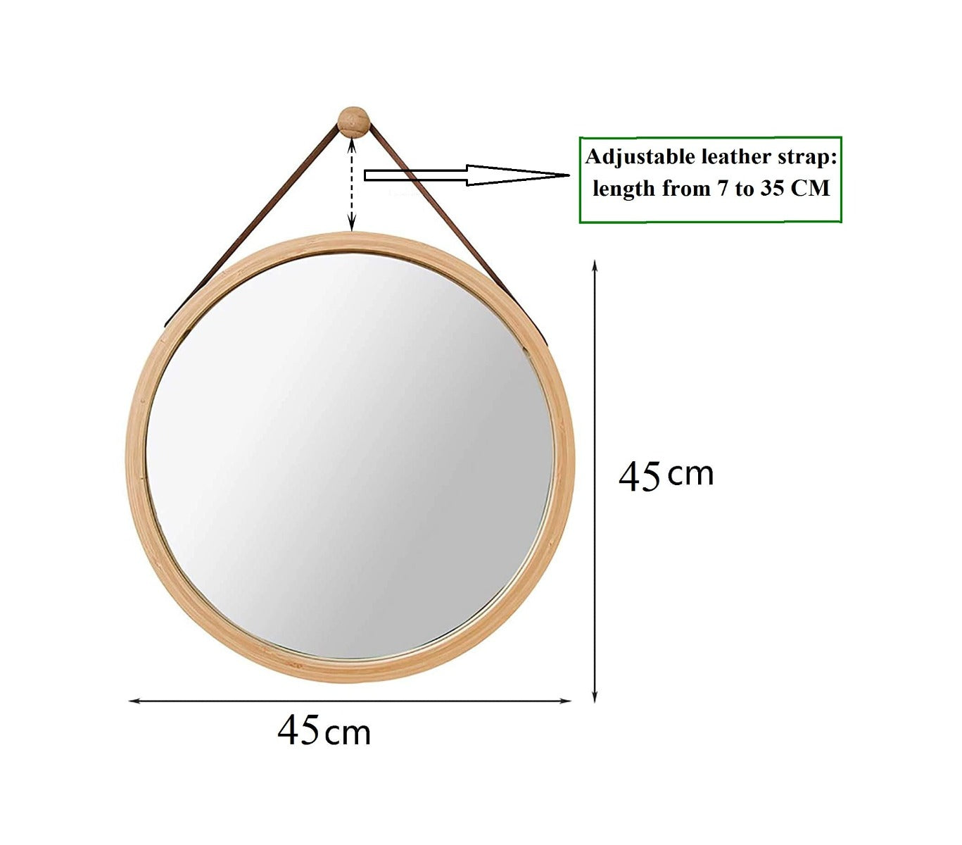 Hanging Round Wall Mirror 45 cm - Solid Bamboo Frame and Adjustable Leather Strap for Bathroom and Bedroom - AULASH