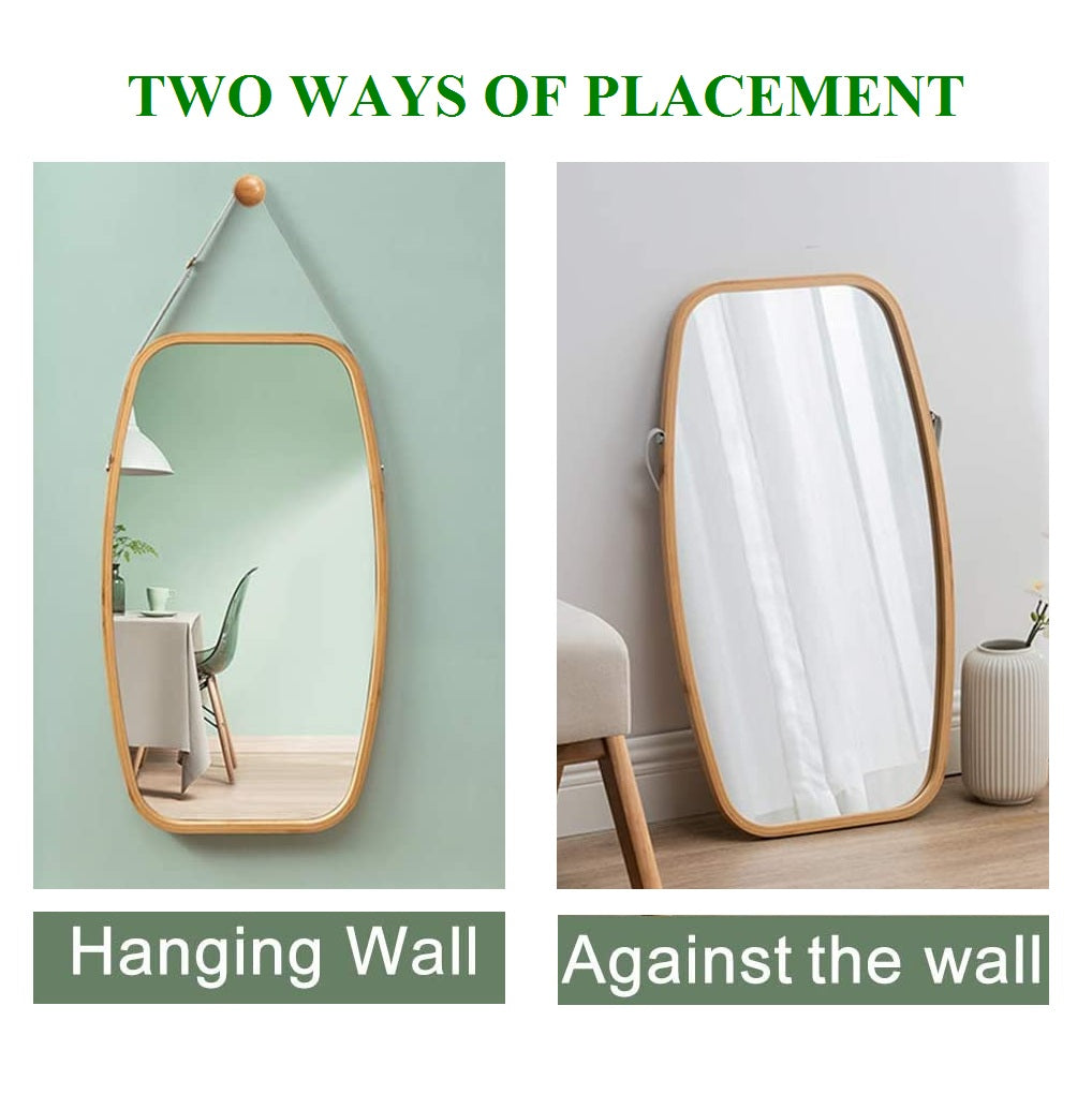Hanging Full Length Wall Mirror - Solid Bamboo Frame and Adjustable Leather Strap for Bathroom and Bedroom - AULASH