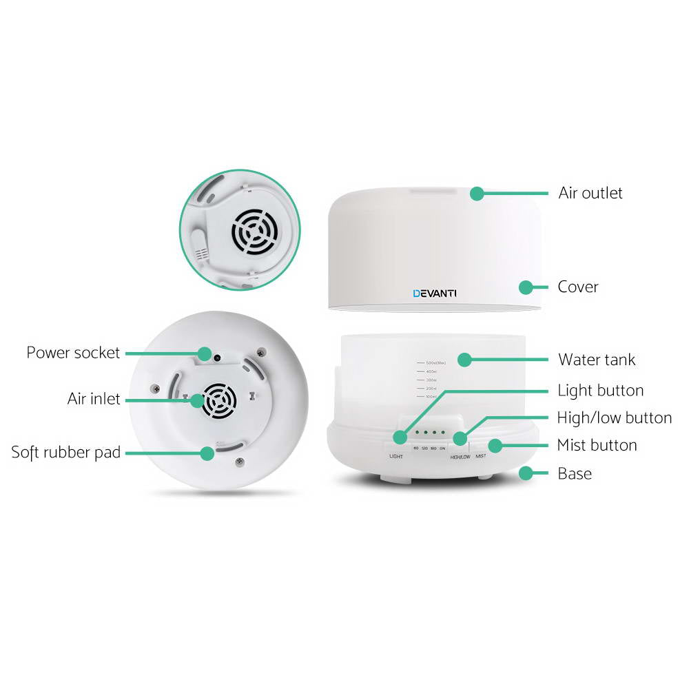 Devanti 500ml 4 in 1 Aroma Diffuser - White - AULASH