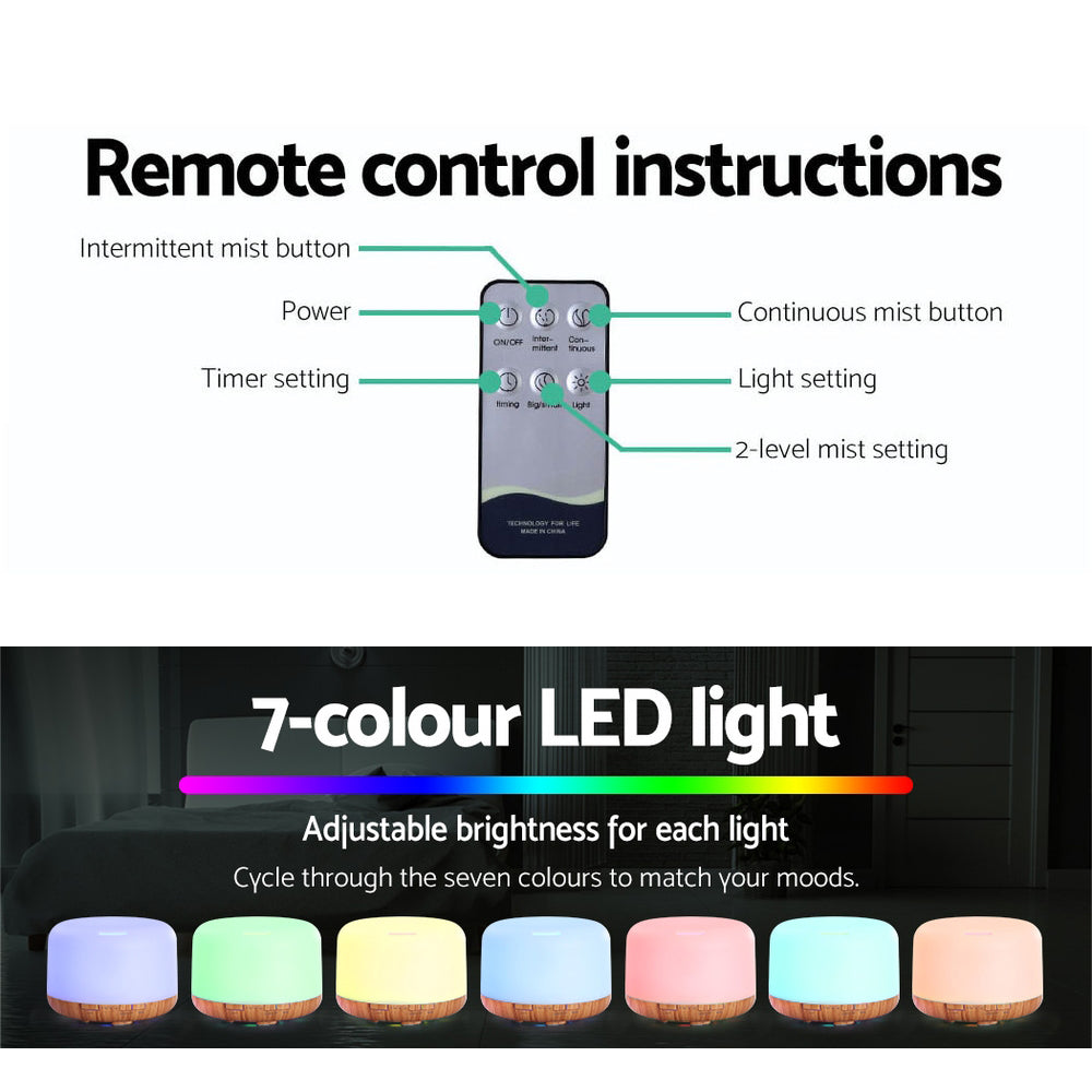 DEVANTI Aroma Diffuser Aromatherapy LED Night Light Air Humidifier Purifier Light Wood Grain 500ml - AULASH