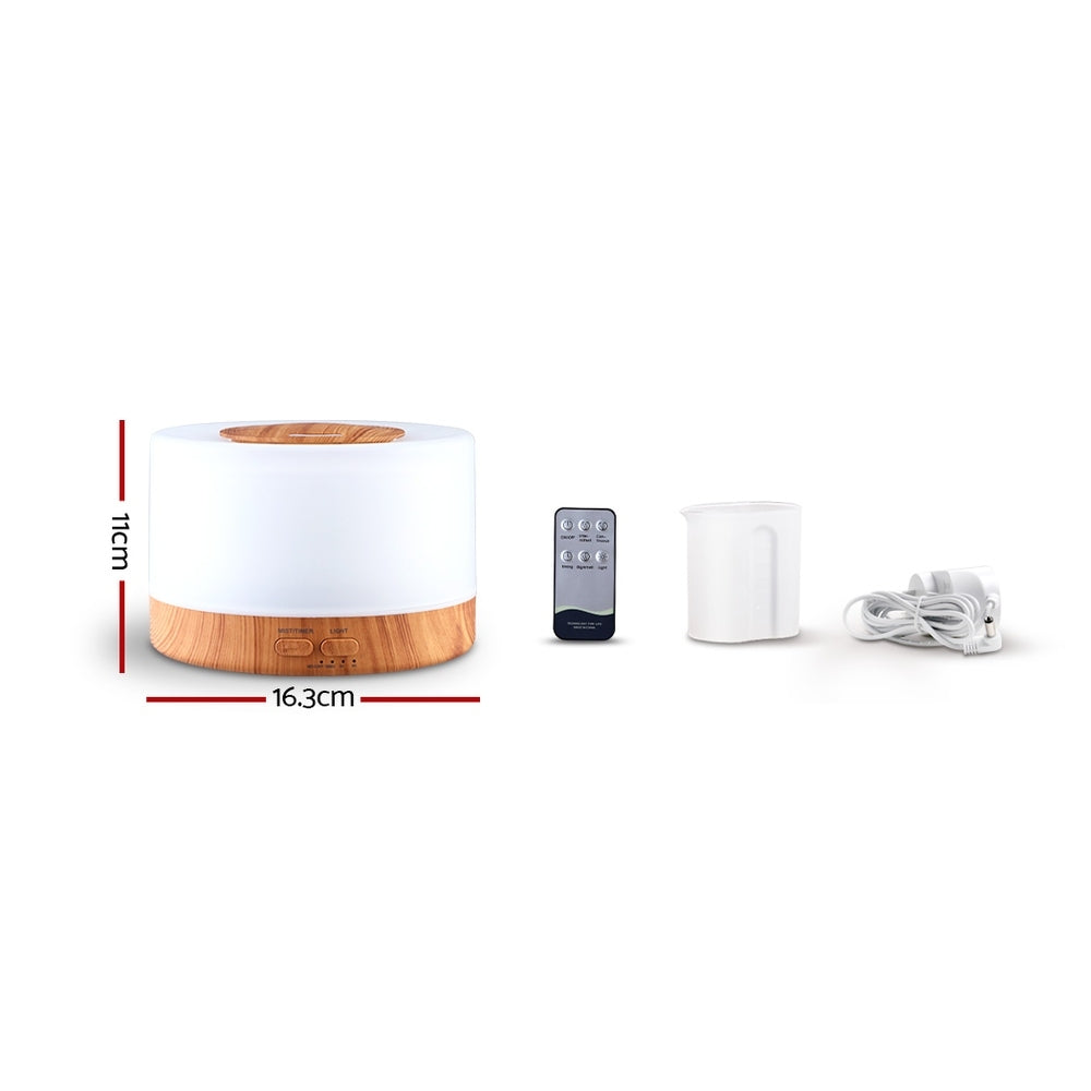 DEVANTI Aroma Diffuser Aromatherapy LED Night Light Air Humidifier Purifier Round Light Wood Grain 500ml Remote Control - AULASH