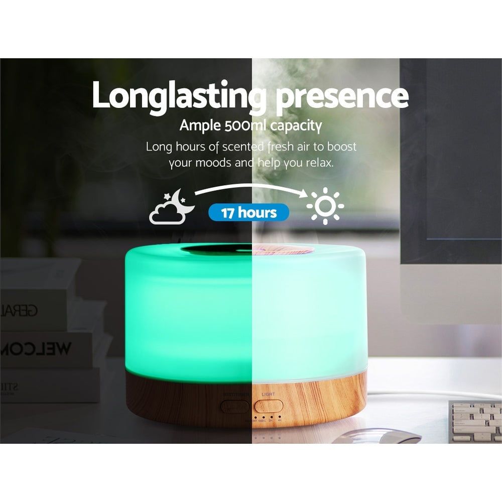 DEVANTI Aroma Diffuser Aromatherapy LED Night Light Air Humidifier Purifier Round Light Wood Grain 500ml Remote Control - AULASH