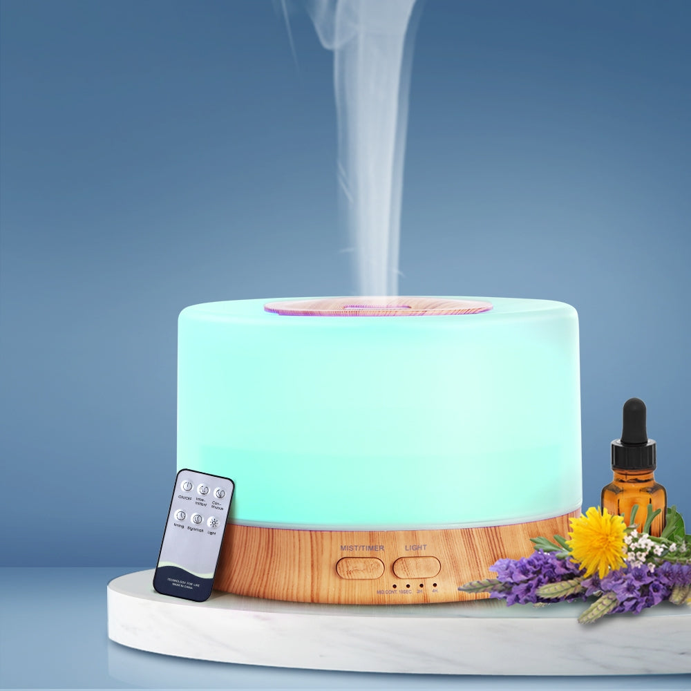 DEVANTI Aroma Diffuser Aromatherapy LED Night Light Air Humidifier Purifier Round Light Wood Grain 500ml Remote Control - AULASH