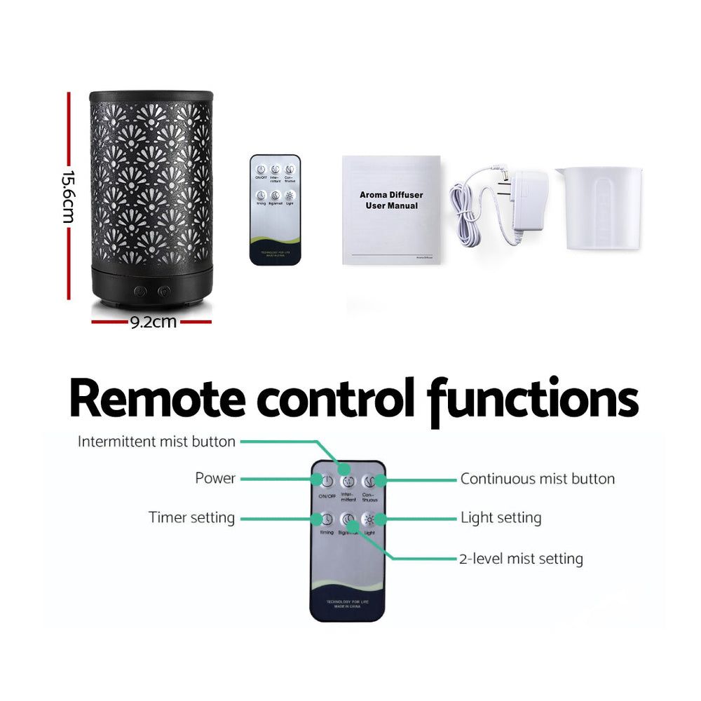 Devanti Aroma Diffuser Aromatherapy Essential Oils Metal Cover Ultrasonic Cool Mist 100ml Remote Control Black - AULASH