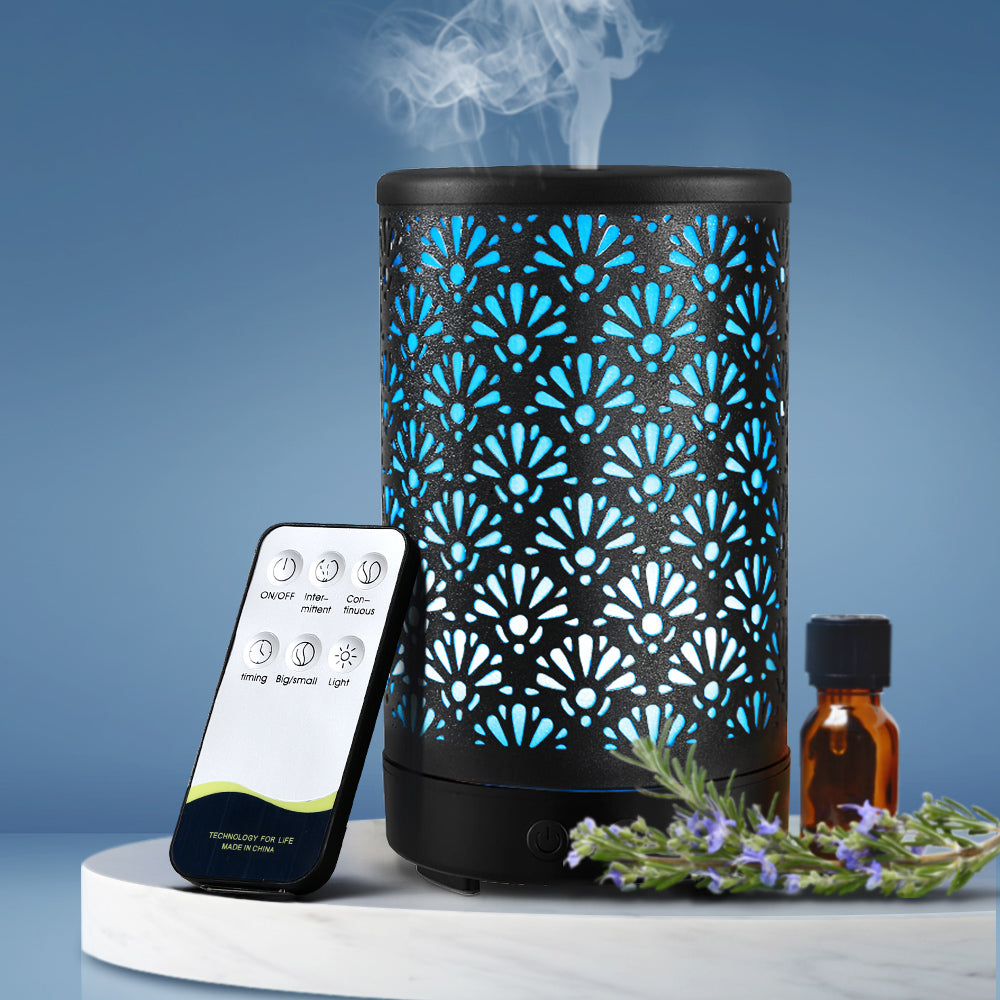 Devanti Aroma Diffuser Aromatherapy Essential Oils Metal Cover Ultrasonic Cool Mist 100ml Remote Control Black - AULASH