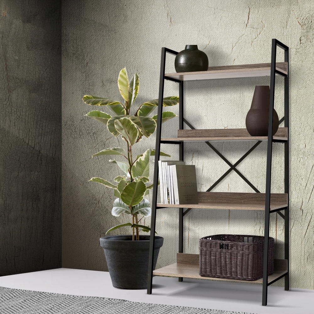 Artiss Bookshelf 4Tier Metal Bookcase Bookshelves Oak Book Shelf Display Storage - AULASH