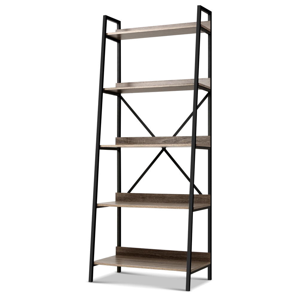 Artiss Bookshelf 5Tier Metal Bookcase Bookshelves Oak Book Shelf Display Storage - AULASH