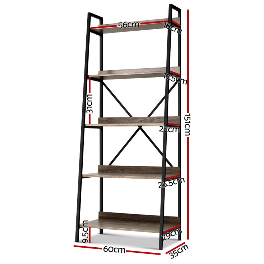 Artiss Bookshelf 5Tier Metal Bookcase Bookshelves Oak Book Shelf Display Storage - AULASH