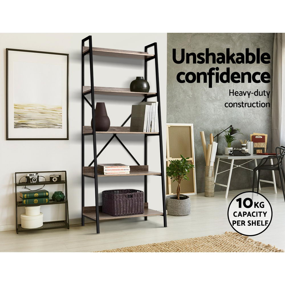 Artiss Bookshelf 5Tier Metal Bookcase Bookshelves Oak Book Shelf Display Storage - AULASH