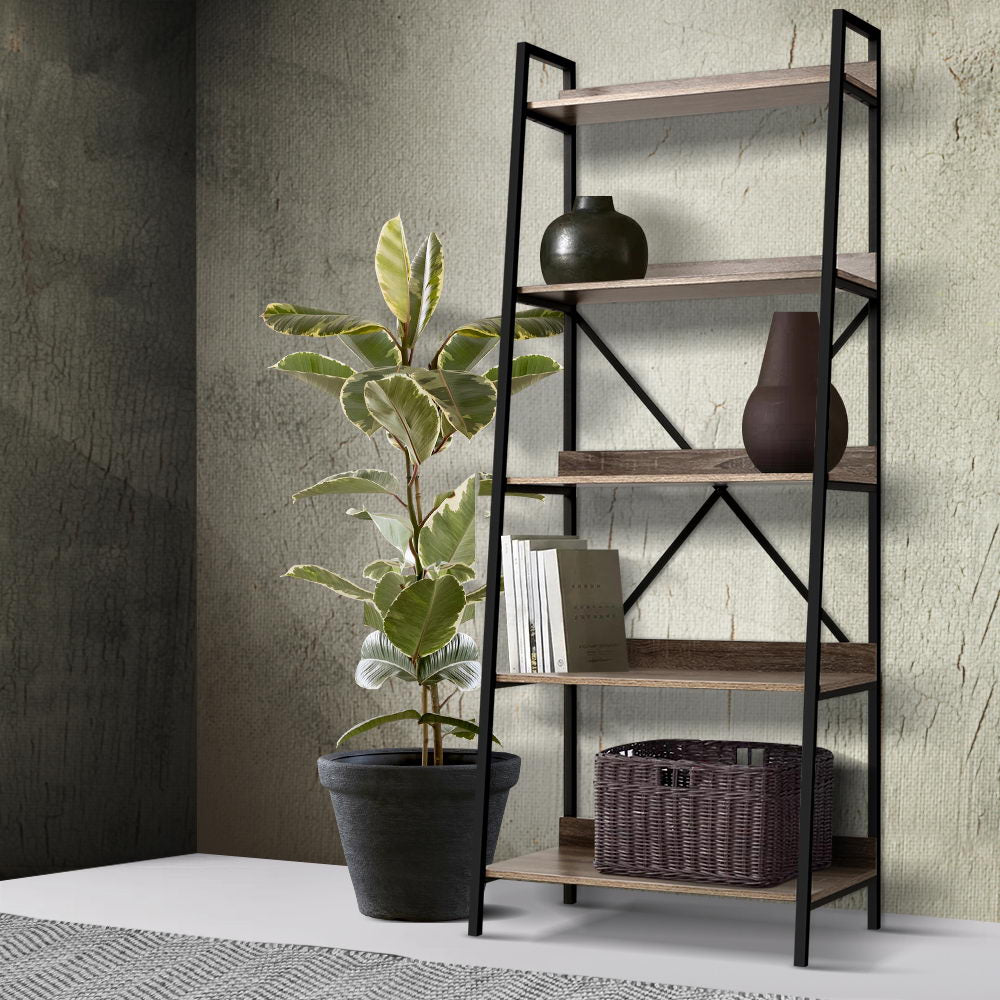 Artiss Bookshelf 5Tier Metal Bookcase Bookshelves Oak Book Shelf Display Storage - AULASH