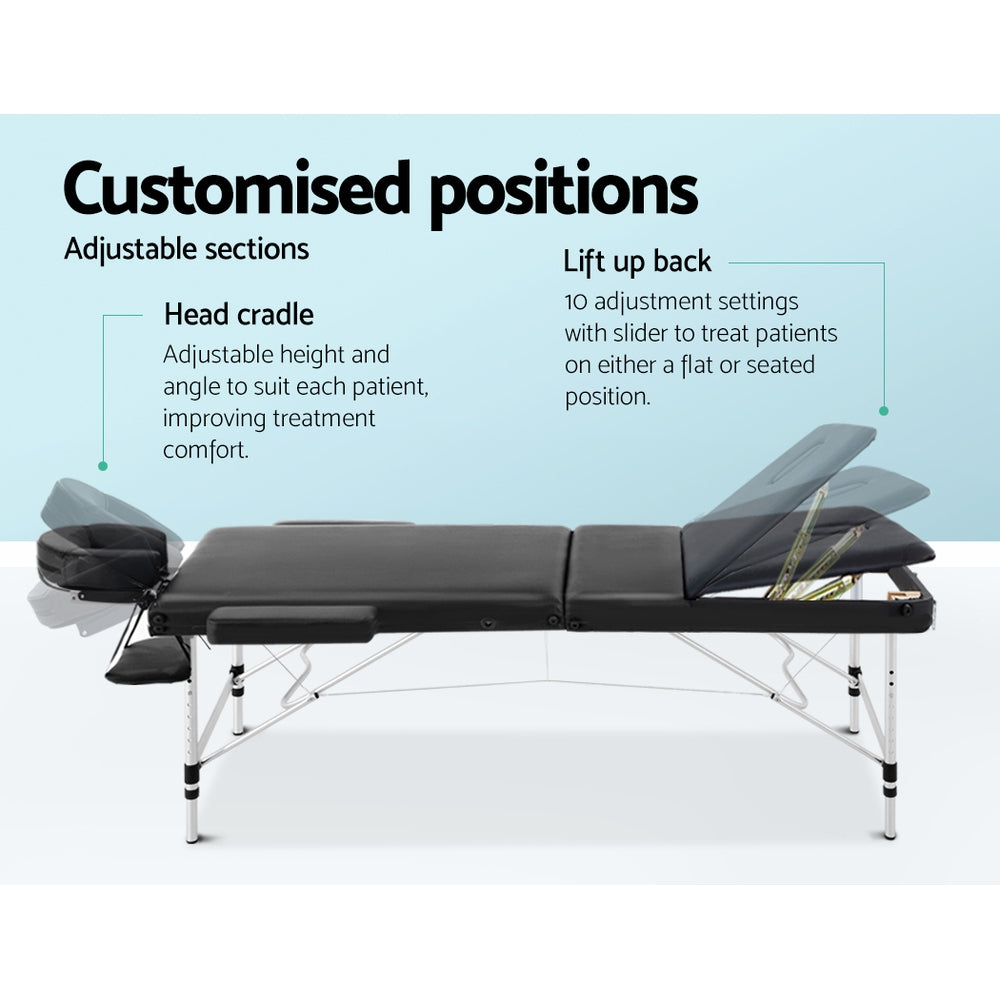 Zenses 3 Fold Portable Aluminium Massage Table - Black - AULASH