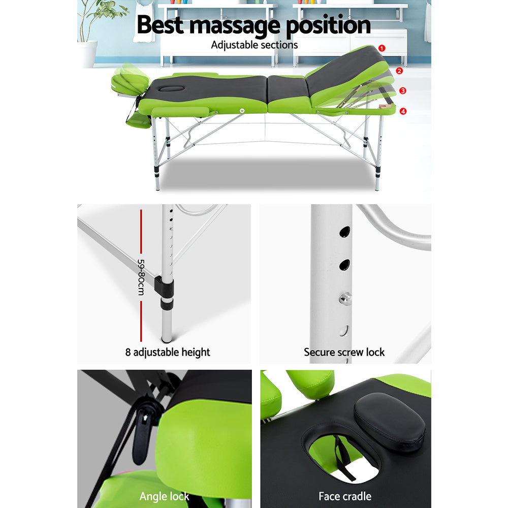 Zenses 3 Fold Portable Aluminium Massage Table - Green & Black - AULASH