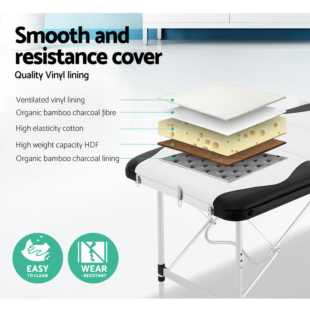 Zenses 3 Fold Portable Aluminium Massage Table - Black & White - AULASH