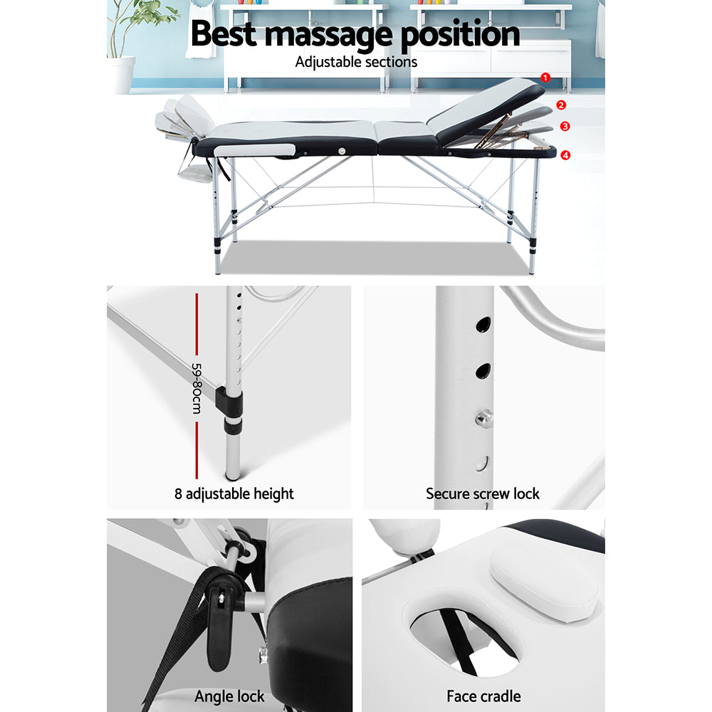 Zenses 3 Fold Portable Aluminium Massage Table - Black & White - AULASH