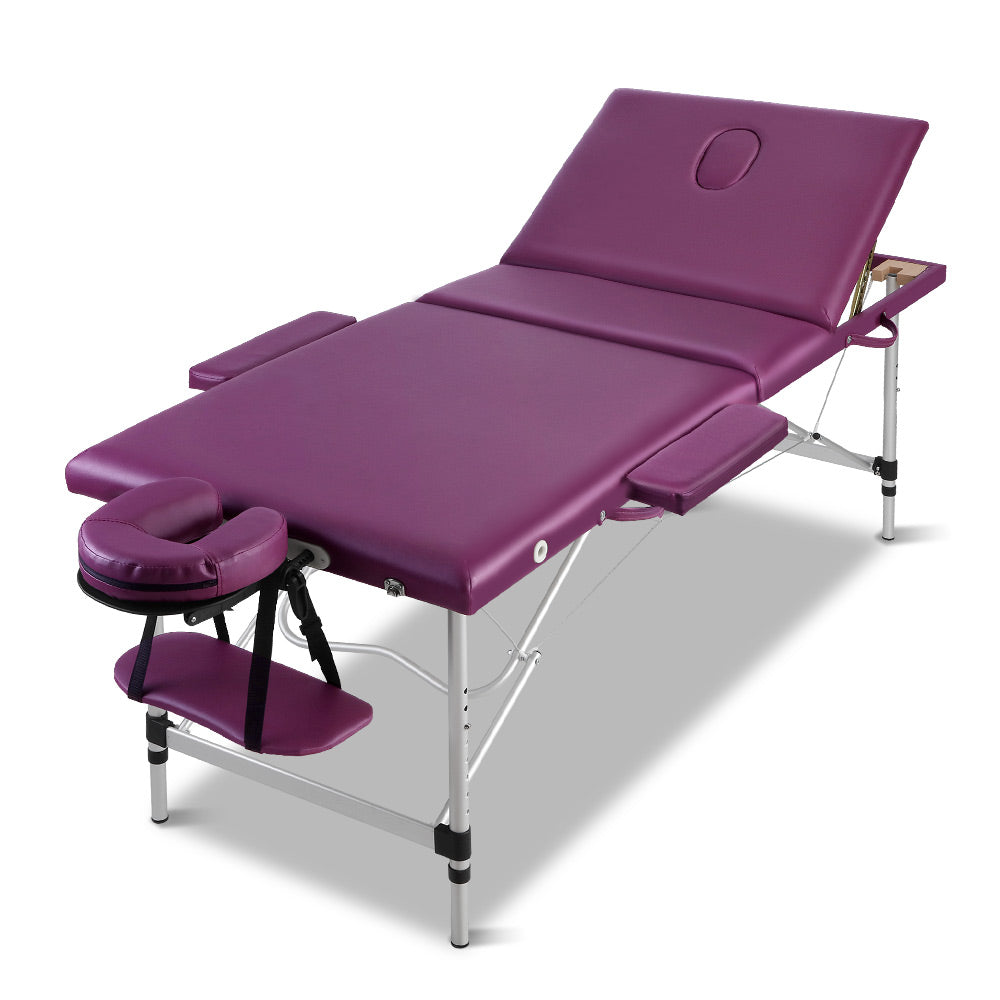 Zenses 3 Fold Portable Aluminium Massage Table Massage Bed Beauty Therapy Purple 75cm - AULASH