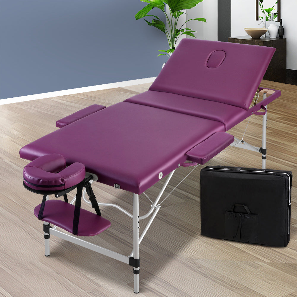 Zenses 3 Fold Portable Aluminium Massage Table Massage Bed Beauty Therapy Purple 75cm - AULASH