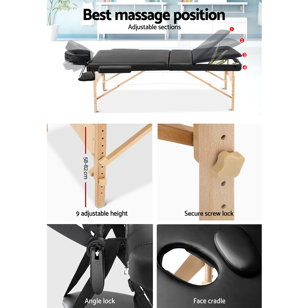 Zenses 60cm Wide Portable Wooden Massage Table 3 Fold Treatment Beauty Therapy Black - AULASH