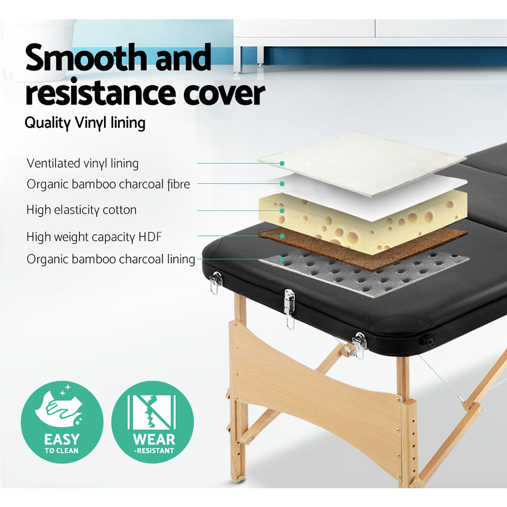 Zenses 75cm Wide Portable Wooden Massage Table 3 Fold Treatment Beauty Therapy Black - AULASH