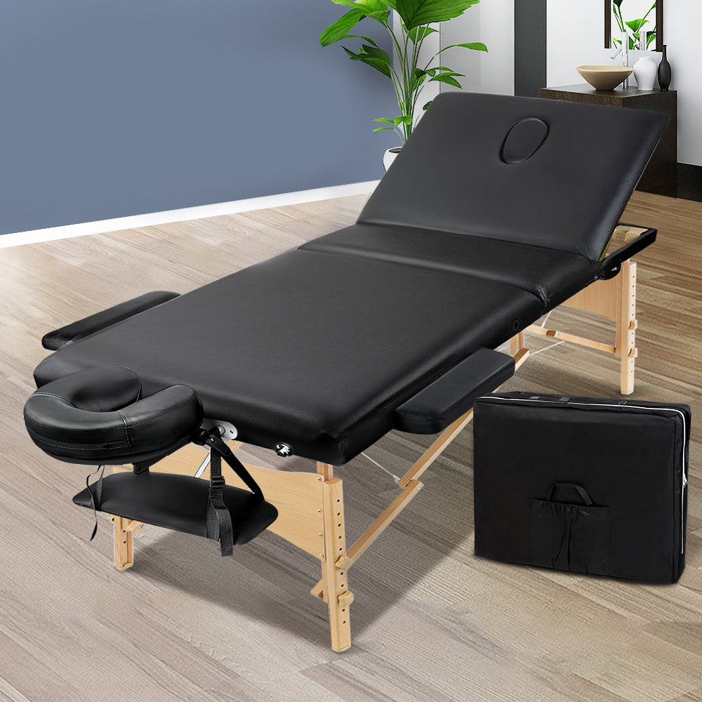 Zenses 75cm Wide Portable Wooden Massage Table 3 Fold Treatment Beauty Therapy Black - AULASH