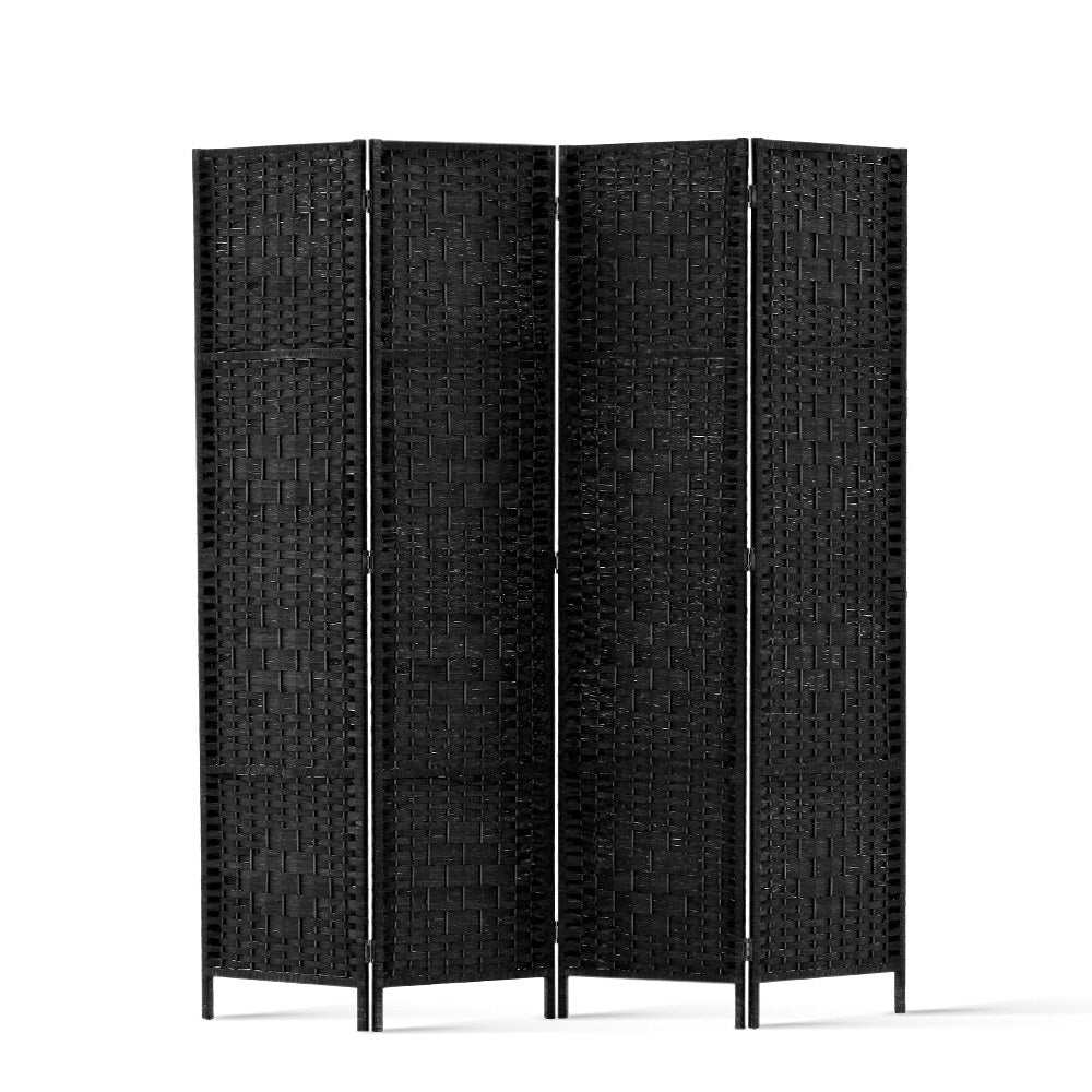 Artiss 4 Panel Room Divider Privacy Screen Rattan Woven Wood Stand Black - AULASH
