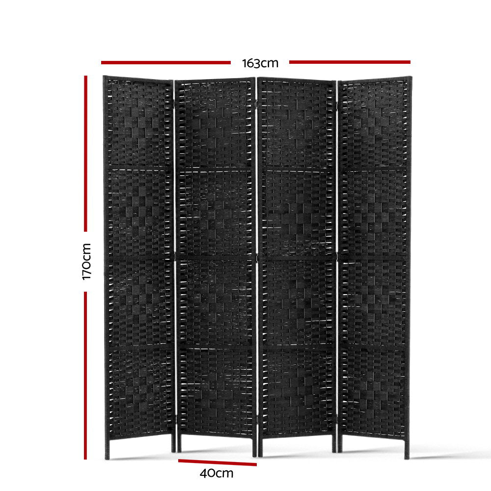 Artiss 4 Panel Room Divider Privacy Screen Rattan Woven Wood Stand Black - AULASH