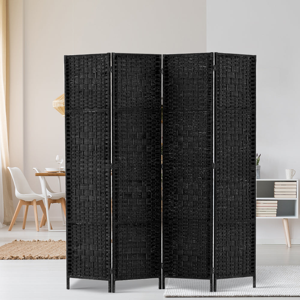Artiss 4 Panel Room Divider Privacy Screen Rattan Woven Wood Stand Black - AULASH