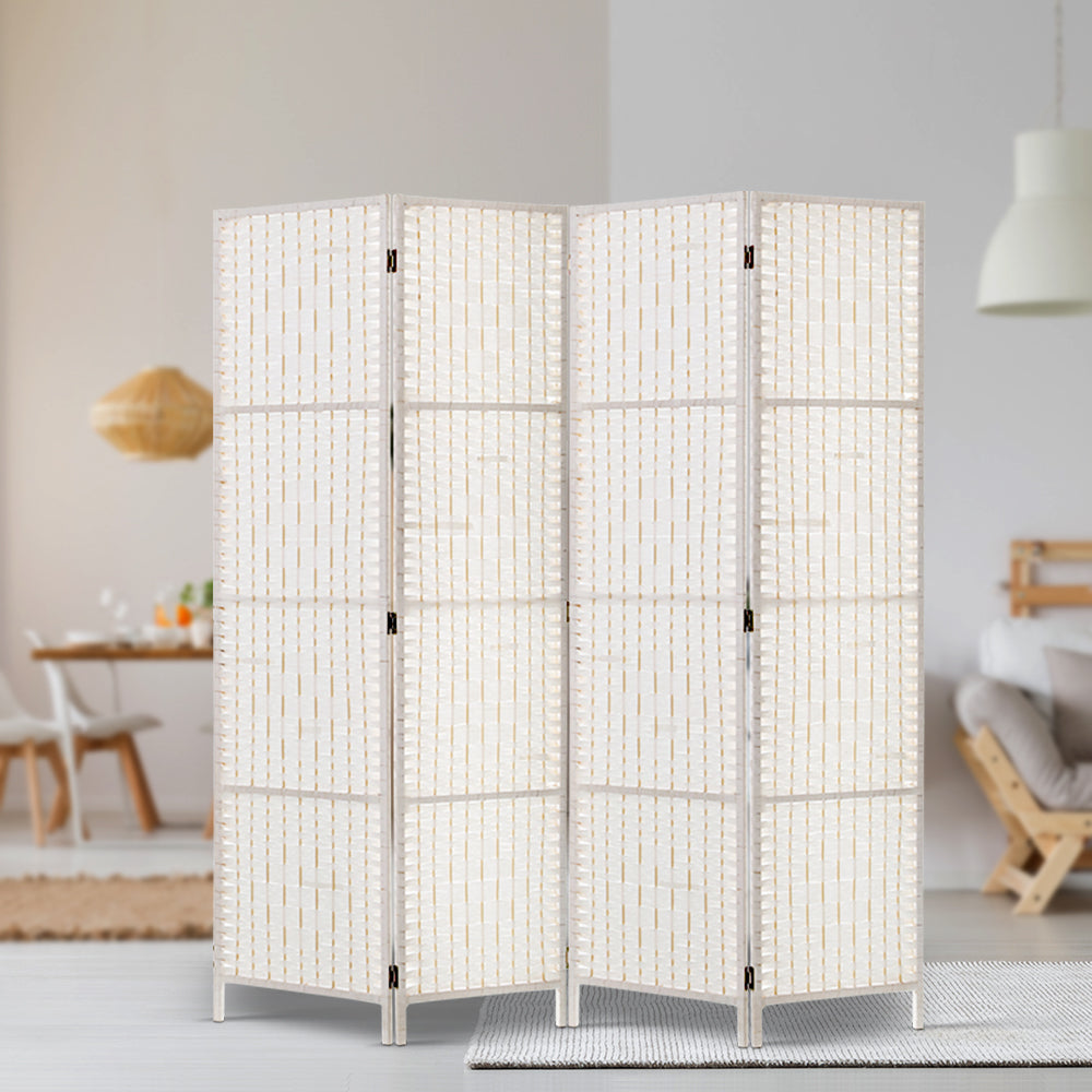 Artiss 4 Panels Room Divider Screen Privacy Rattan Timber Fold Woven Stand White - AULASH