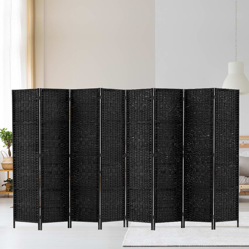 Artiss Room Divider 8 Panel Dividers Privacy Screen Rattan Wooden Stand Black - AULASH