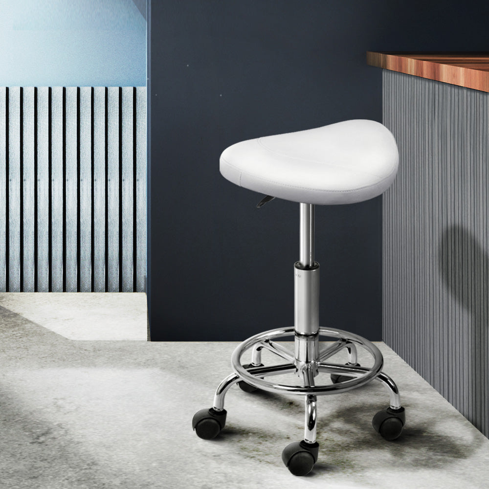 Artiss Saddle Salon Stool White PU Swivel Barber Hair Dress Chair Hydraulic Lift - AULASH