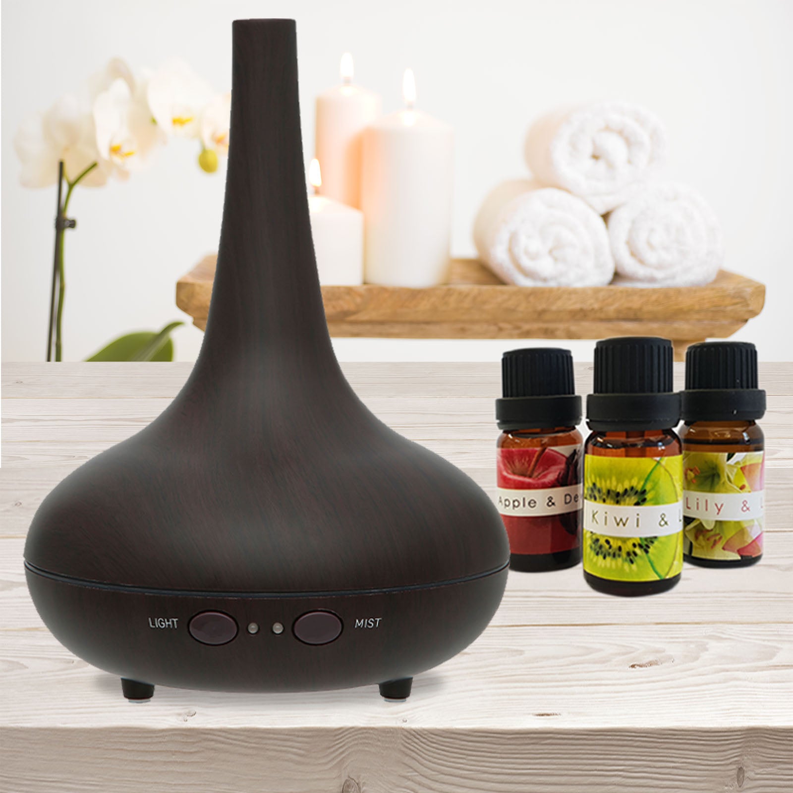 Essential Oil Diffuser Ultrasonic Humidifier Aromatherapy LED Light 200ML 3 Oils Dark Wood Grain 15 x 20cm - AULASH