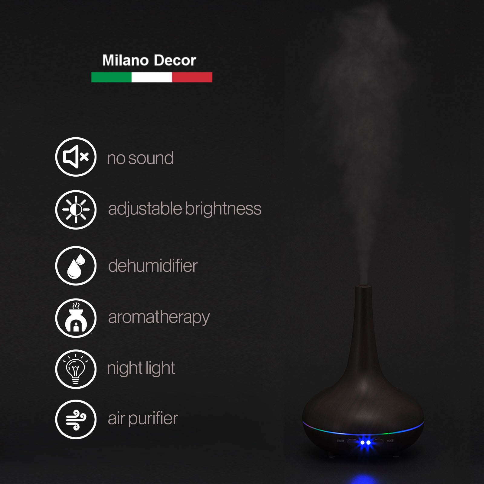 Essential Oil Diffuser Ultrasonic Humidifier Aromatherapy LED Light 200ML 3 Oils Dark Wood Grain 15 x 20cm - AULASH