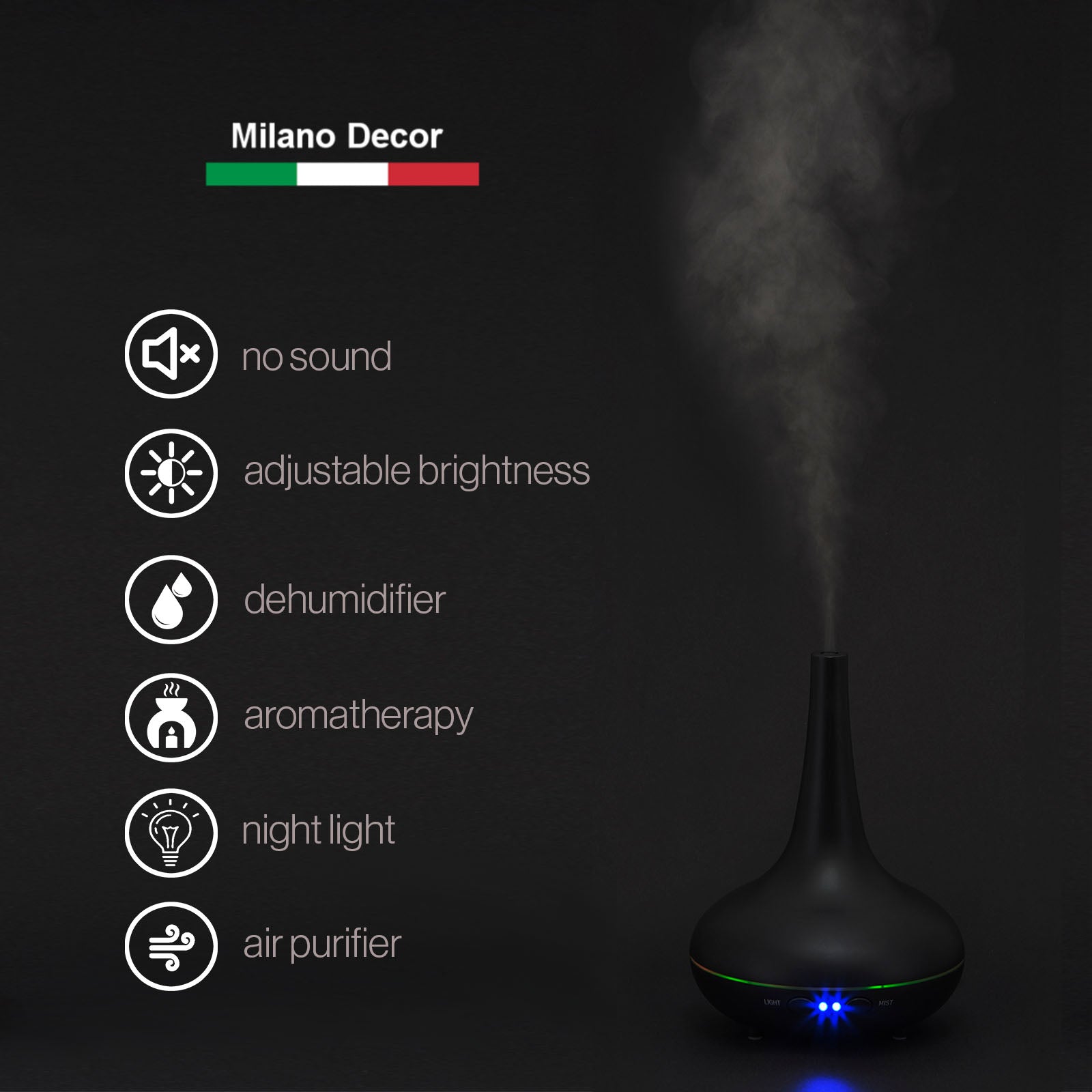 Essential Oil Diffuser Ultrasonic Humidifier Aromatherapy LED Light 200ML 3 Oils Black 15 x 20cm - AULASH