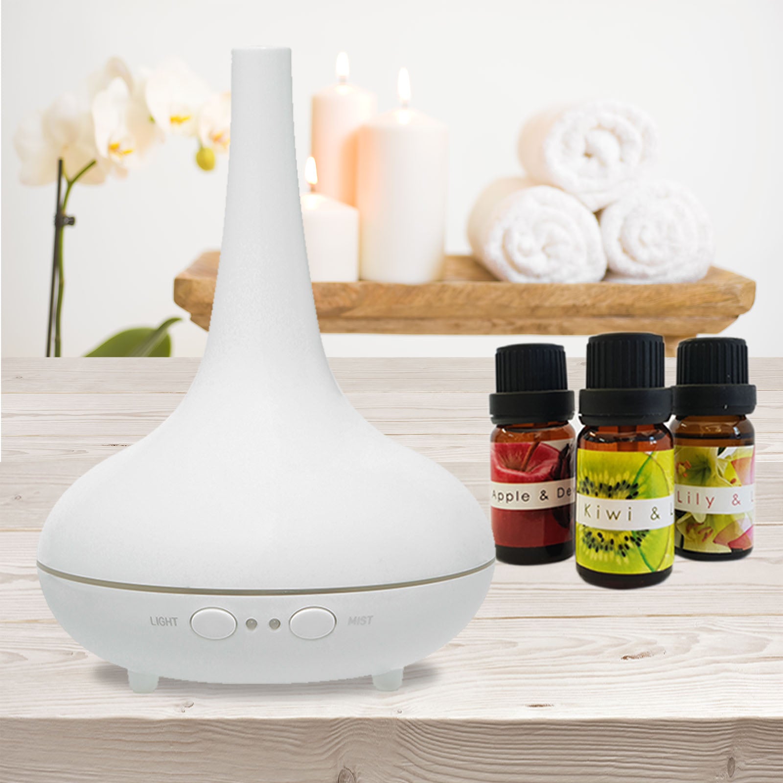 Essential Oil Diffuser Ultrasonic Humidifier Aromatherapy LED Light 200ML 3 Oils White 15 x 20cm - AULASH