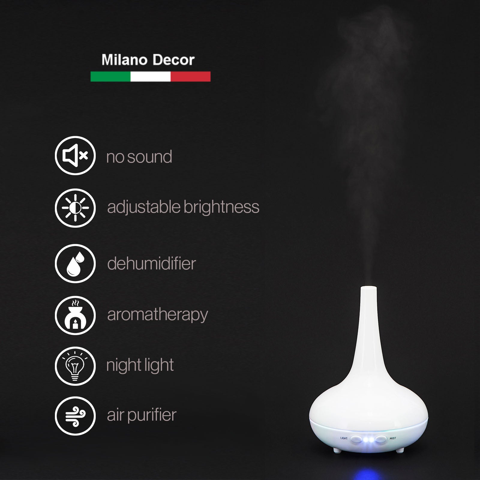 Essential Oil Diffuser Ultrasonic Humidifier Aromatherapy LED Light 200ML 3 Oils White 15 x 20cm - AULASH