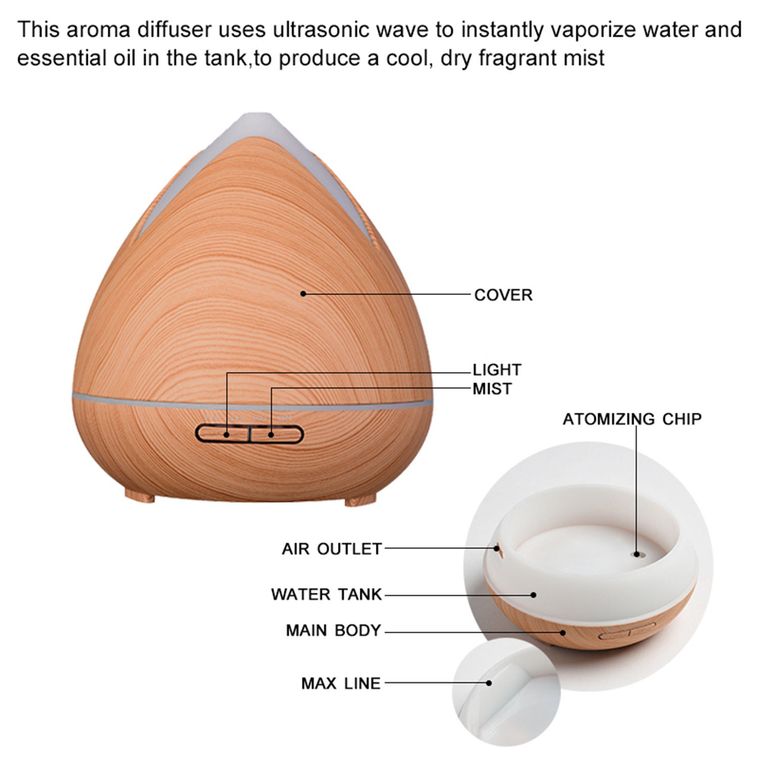 Essential Oils Ultrasonic Aromatherapy Diffuser Air Humidifier Purify 400ML Light Wood - AULASH
