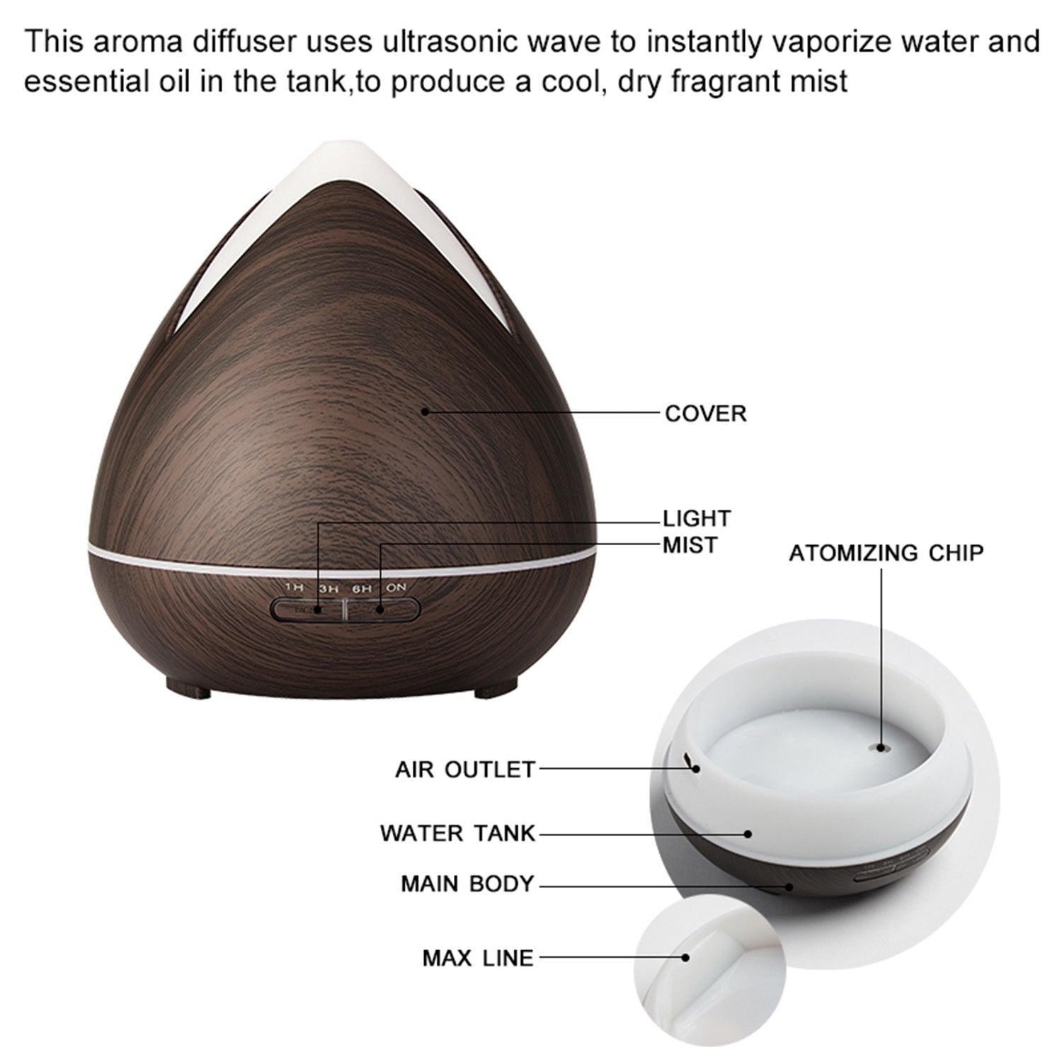 Essential Oils Ultrasonic Aromatherapy Diffuser Air Humidifier Purify 400ML Dark Wood - AULASH