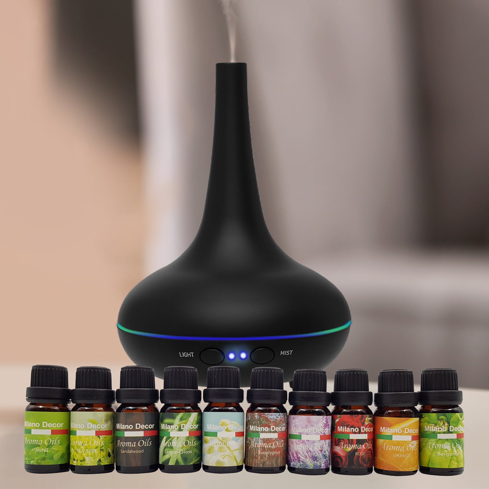 Milano Aroma Diffuser Set With 10 Pack Oils Humidifier Aromatherapy Black - AULASH