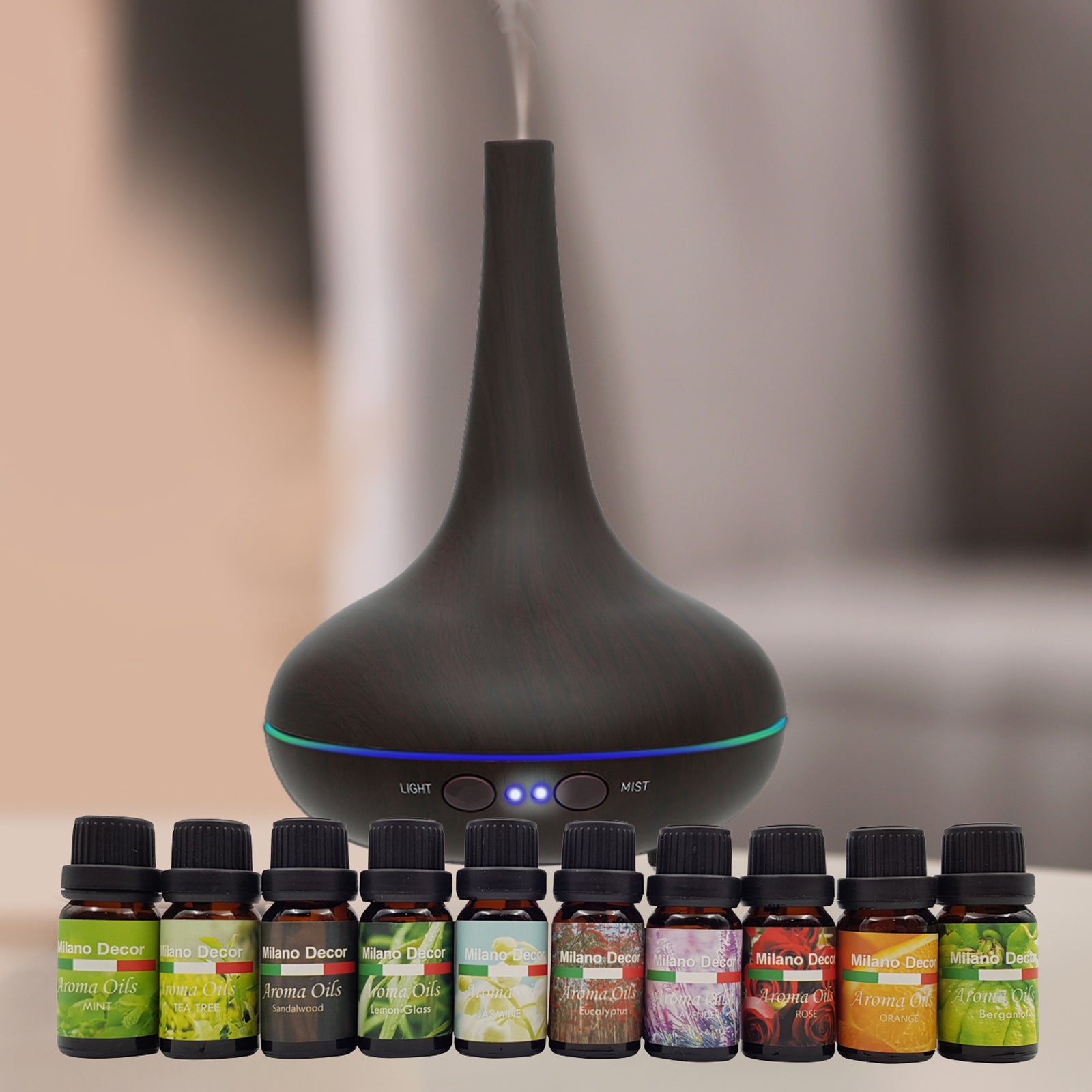 Milano Aroma Diffuser Set With 10 Pack Oils Humidifier Aromatherapy Dark Wood - AULASH