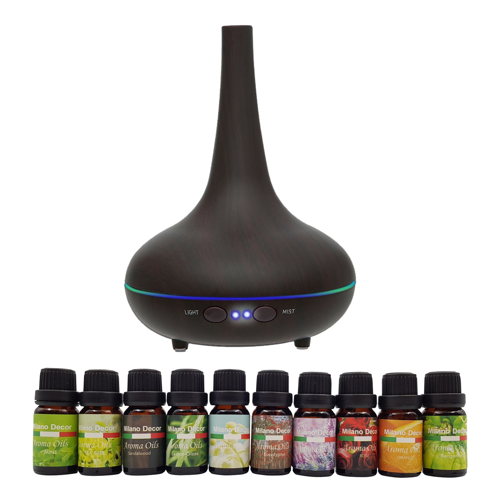 Milano Aroma Diffuser Set With 10 Pack Oils Humidifier Aromatherapy Dark Wood - AULASH