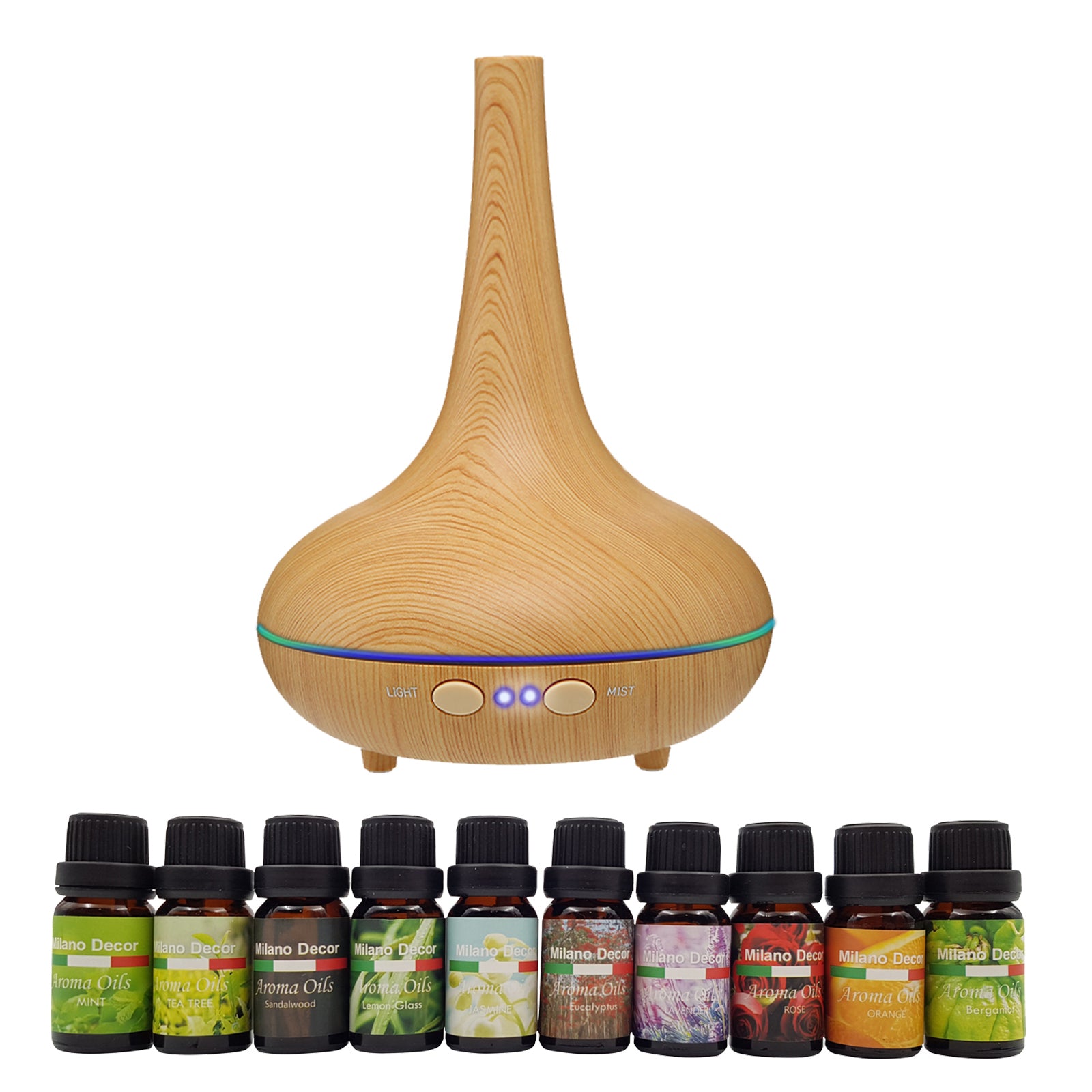 Milano Aroma Diffuser Set With 10 Pack Oils Humidifier Aromatherapy Light Wood - AULASH
