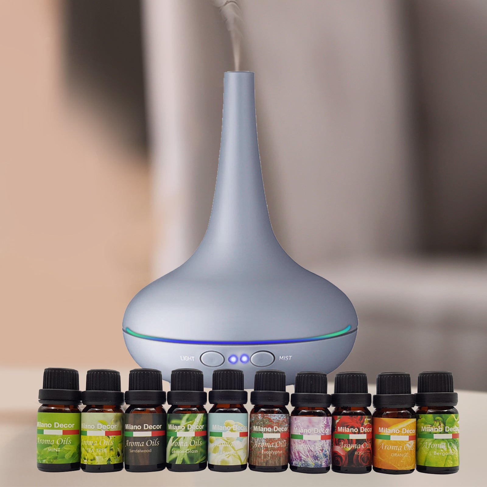 Milano Aroma Diffuser Set With 10 Pack Oils Humidifier Aromatherapy Matt Grey - AULASH