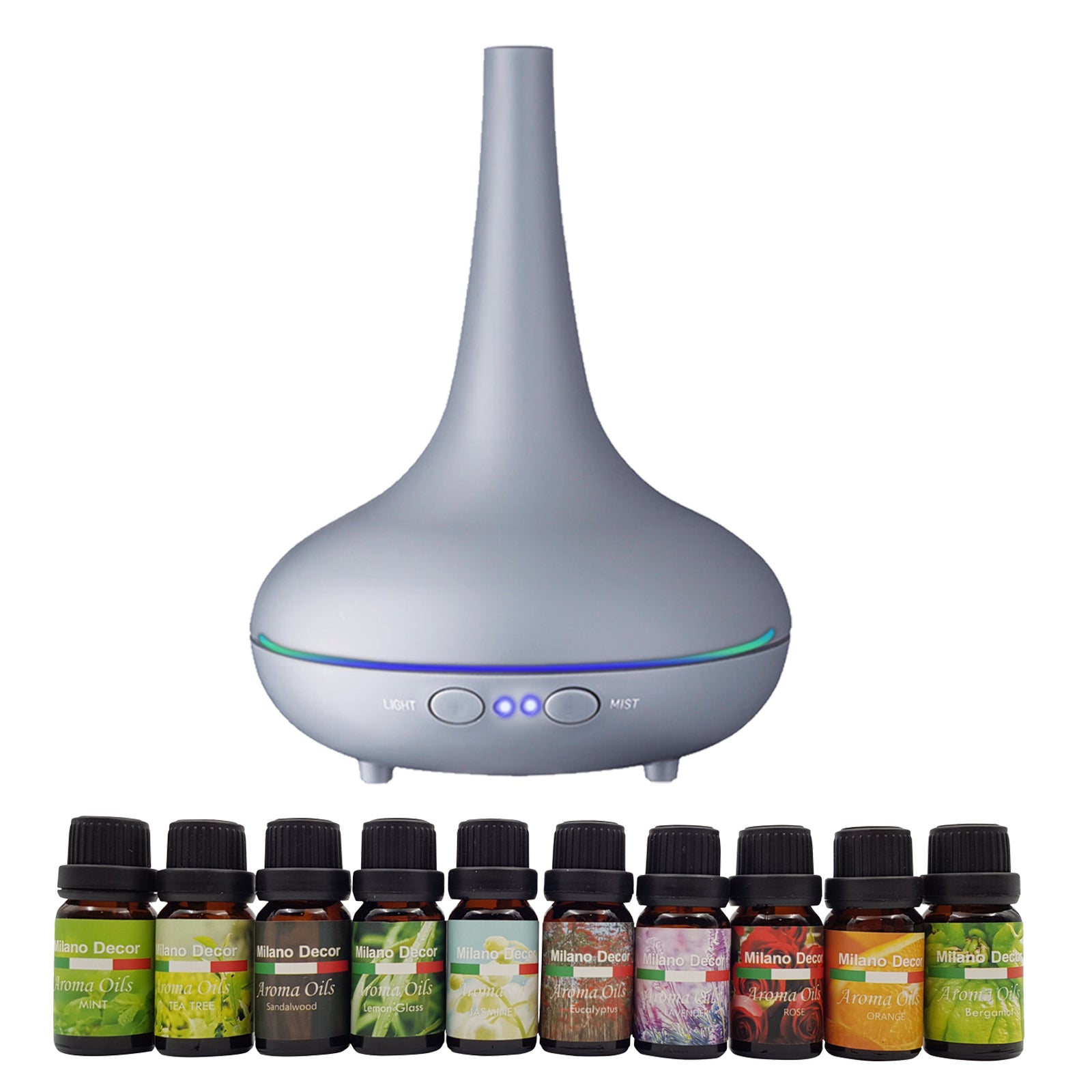 Milano Aroma Diffuser Set With 10 Pack Oils Humidifier Aromatherapy Matt Grey - AULASH