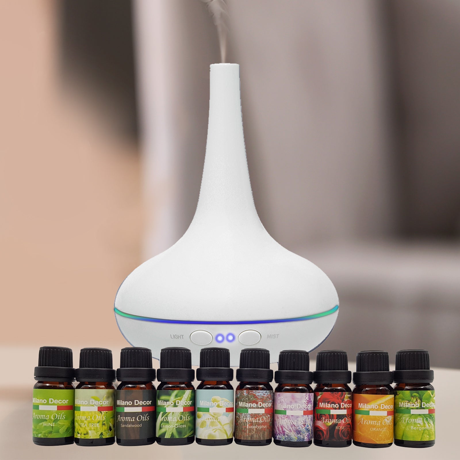 Milano Aroma Diffuser Set With 10 Pack Oils Humidifier Aromatherapy White - AULASH