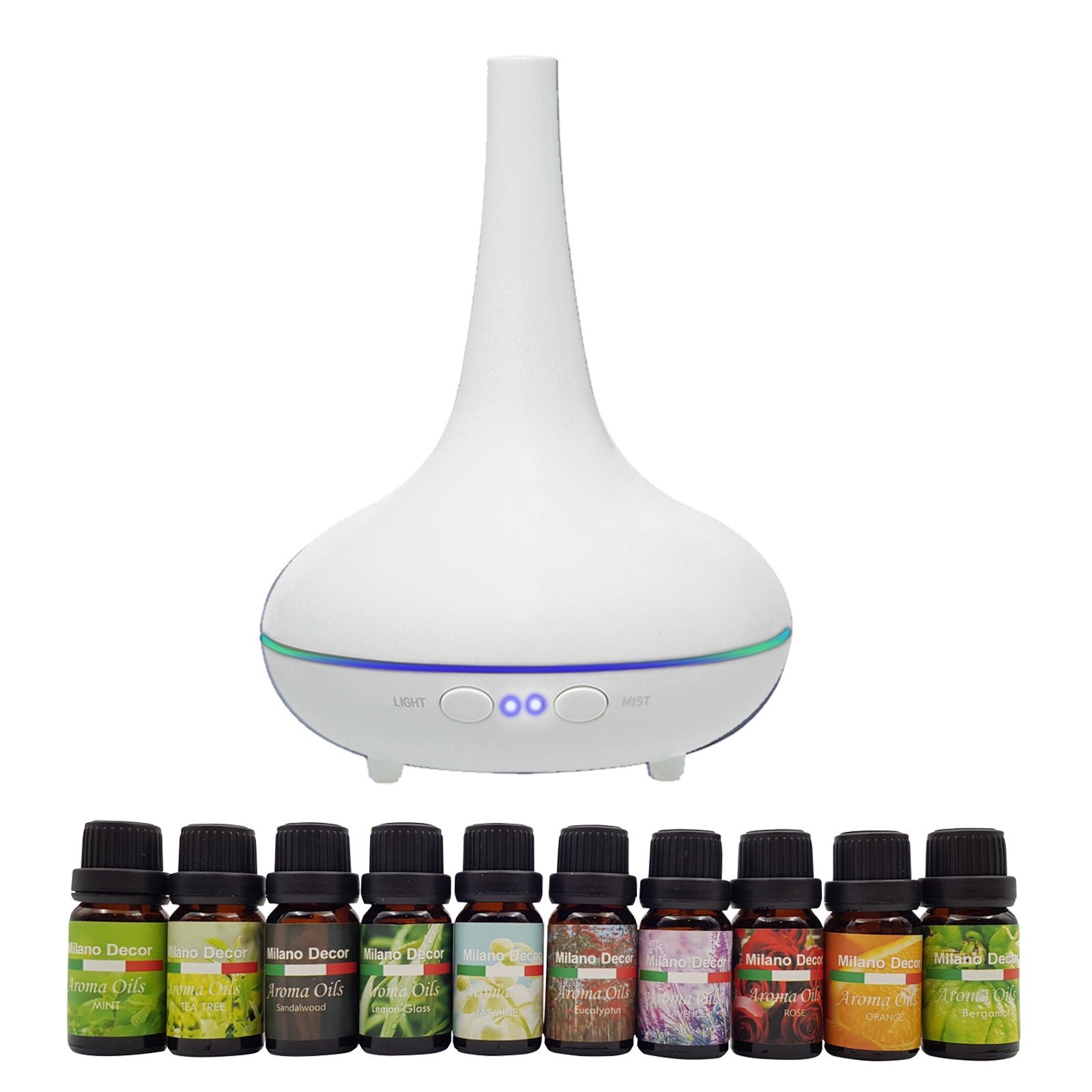 Milano Aroma Diffuser Set With 10 Pack Oils Humidifier Aromatherapy White - AULASH