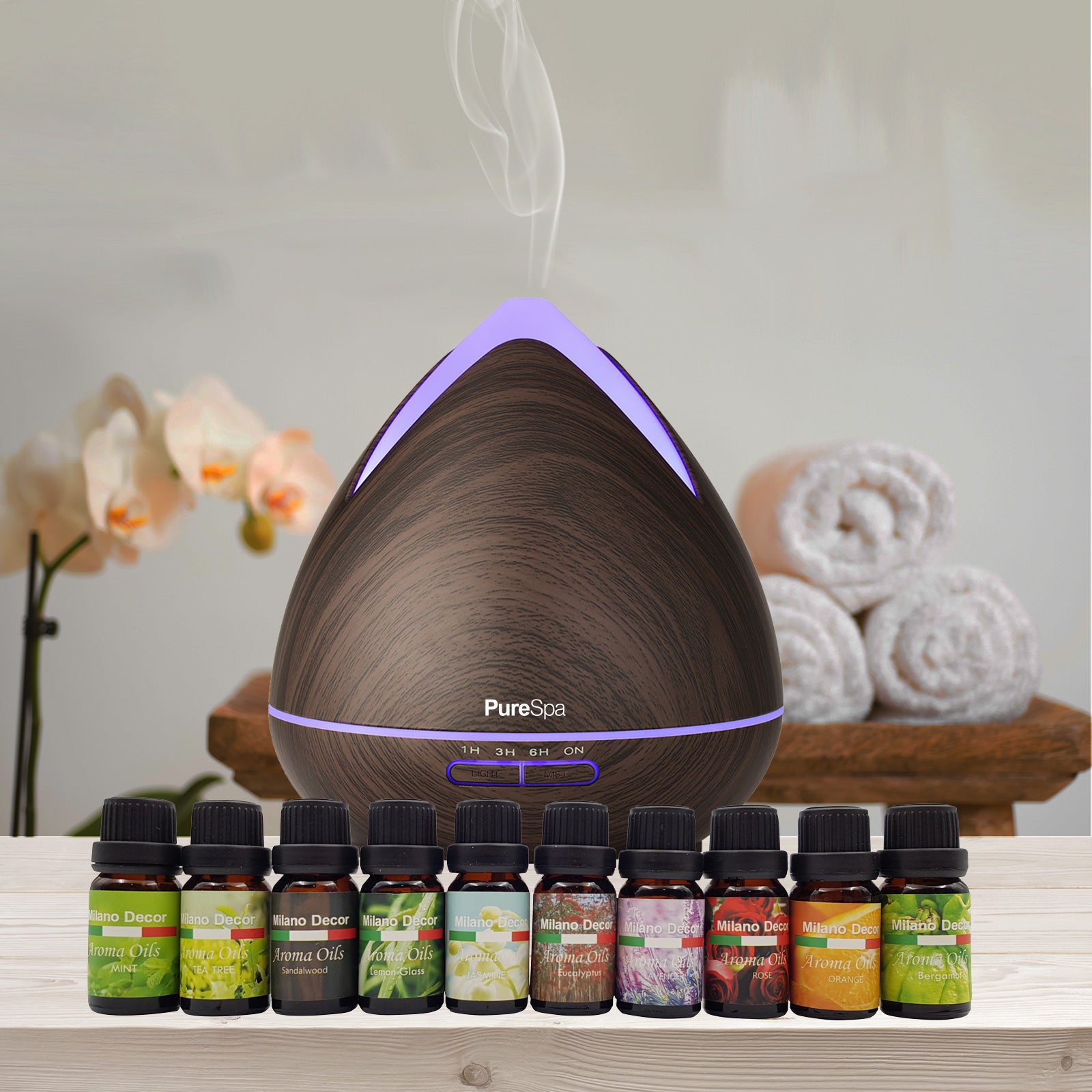 Purespa Diffuser Set With 10 Pack Oils Humidifier Aromatherapy Dark Wood - AULASH