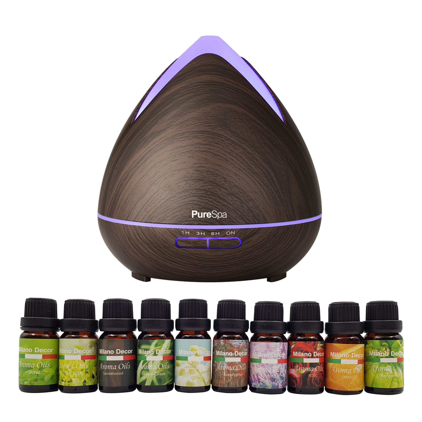Purespa Diffuser Set With 10 Pack Oils Humidifier Aromatherapy Dark Wood - AULASH